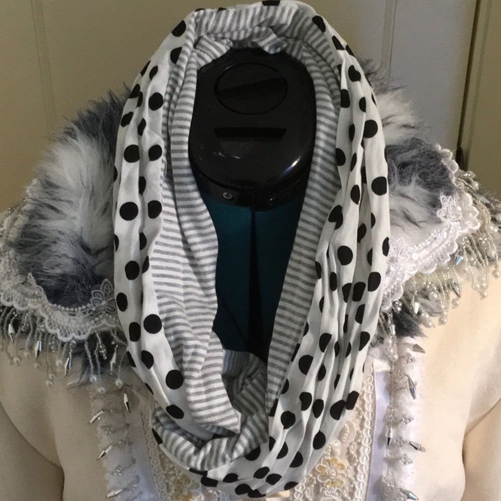 black and white polka dot infinity scarf w/stripes